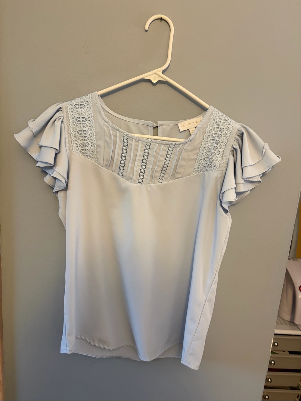 Lace Yoke Ruffle Sleeve Blouse - Light Blue